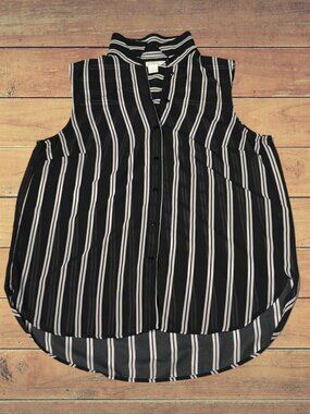 H&M Black and White Striped Sleeveless Button Down Collared Blouse Sheer size 6